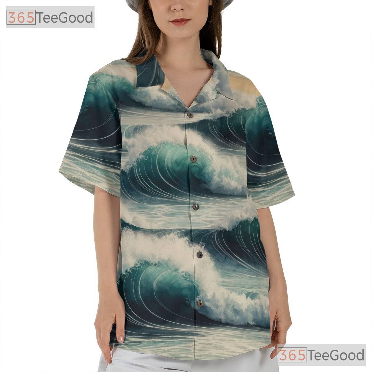 Vintage Watercolor Ocean Wave Hawaiian Shirt- Unisex Surf Beach Aloha Apparel