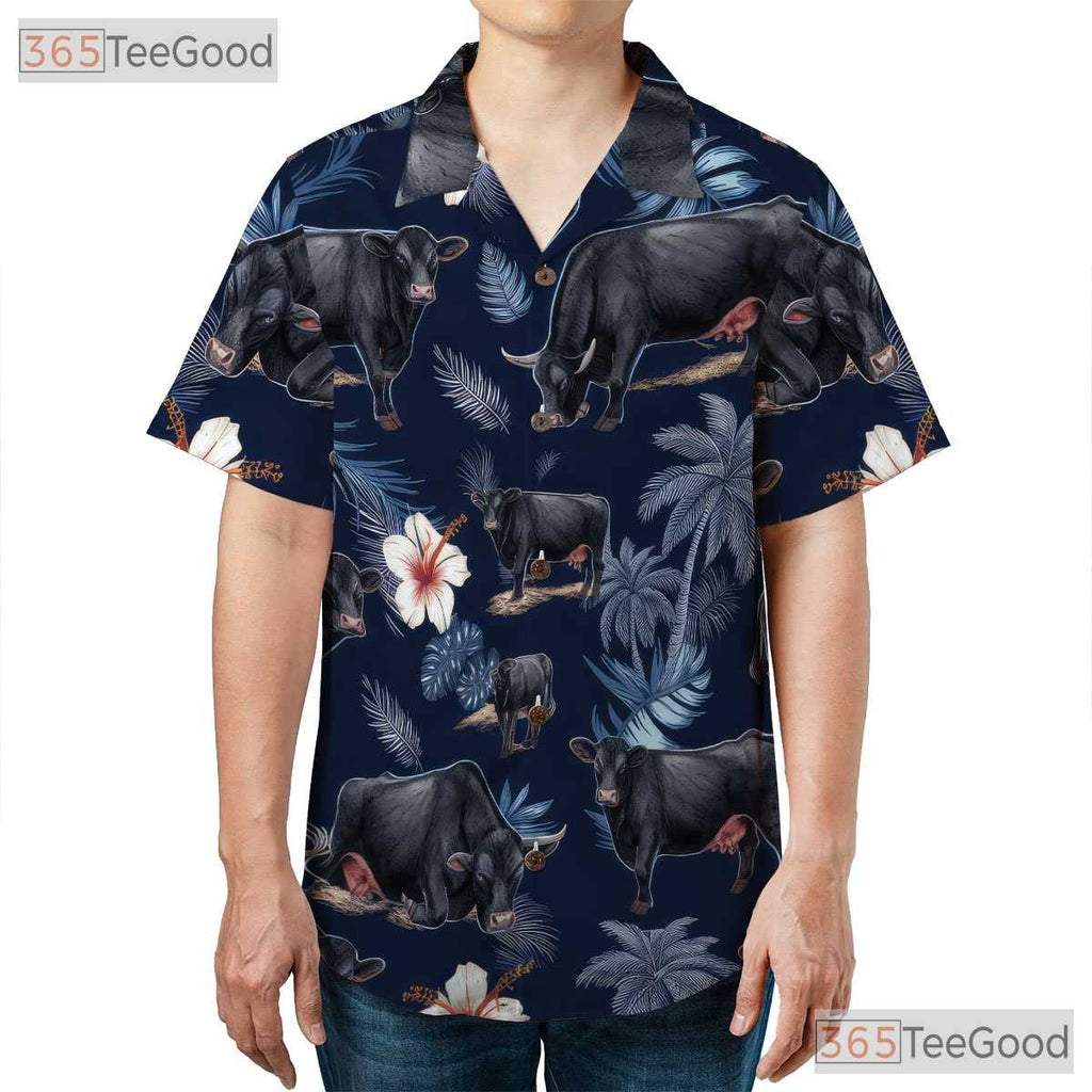 Western Farm Floral Aloha Black Angus Cow Hawaiian Tee Unisex Men Women Outfit