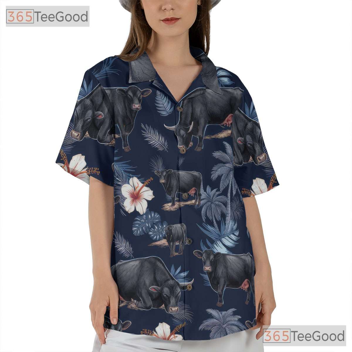 Western Farm Floral Aloha Black Angus Cow Hawaiian Tee Unisex Men Women Outfit