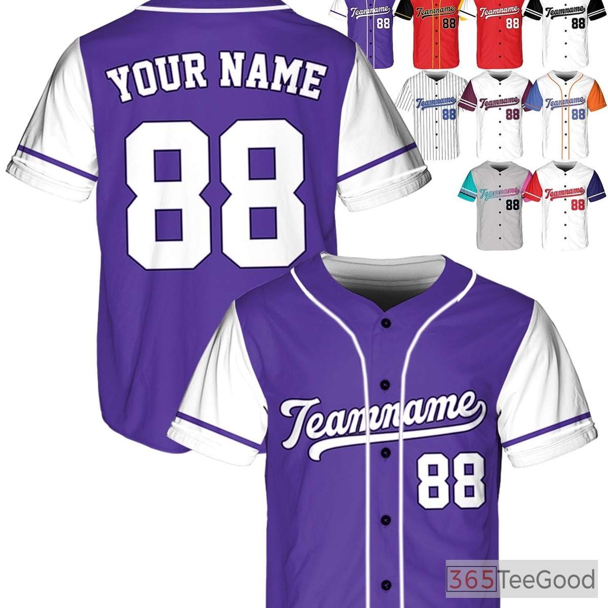 White and Purple Baseball Jersey Tee with Personalized Name, Number, and Logo