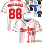 White and Red Baseball Jersey Tee - Customizable with Your Name, Number, and Logo