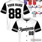 White Black Baseball Jersey Tee - Personalized Name, Number, and Logo Placement