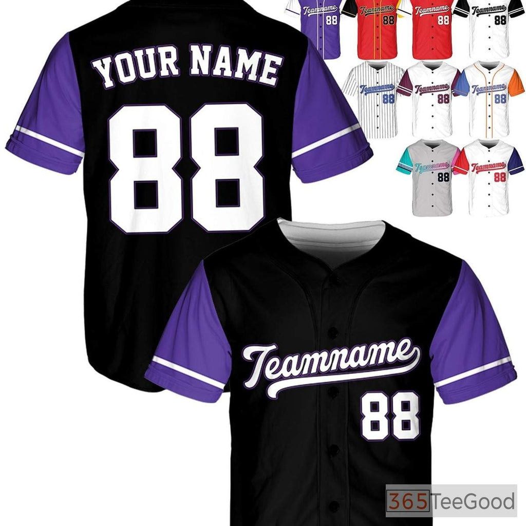 White Black Purple Baseball Jersey Tee - Customizable with Name, Number & Logo