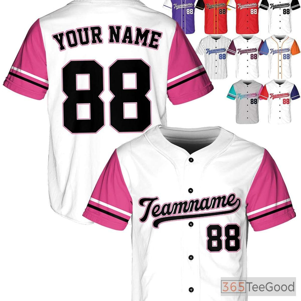 White, Black & Pink Baseball Jersey Tee - Your Stitched Name, Number & Logo