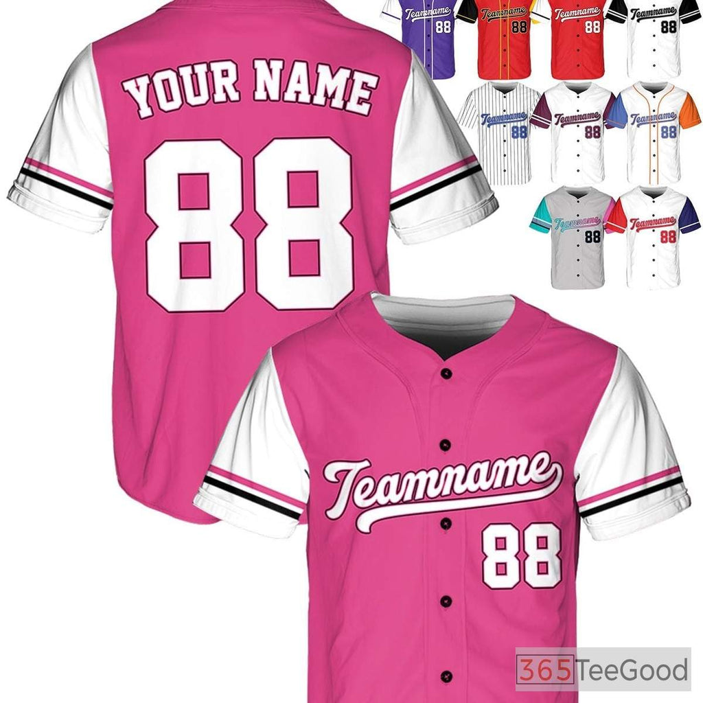 White, Black & Pink Baseball Jersey Tee - Customize with Your Name, Number, or Logo