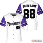 White, Black & Purple Baseball Jersey Tee - Personalized Stitched Name, Number & Logo