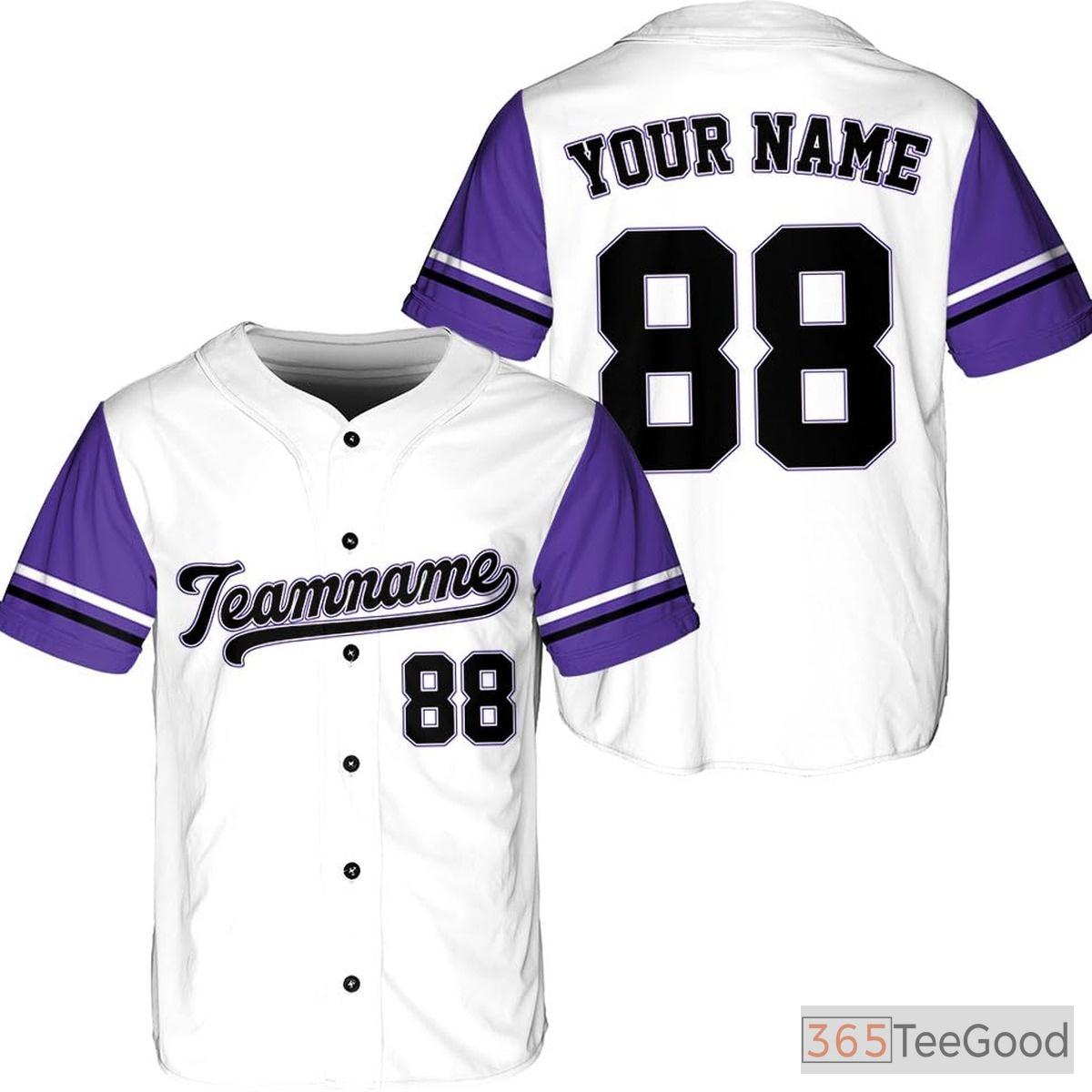 White, Black & Purple Baseball Jersey Tee - Personalized Stitched Name, Number & Logo