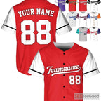White, Black & Red Baseball Jersey Tee - Custom Name, Number, and Logo Options