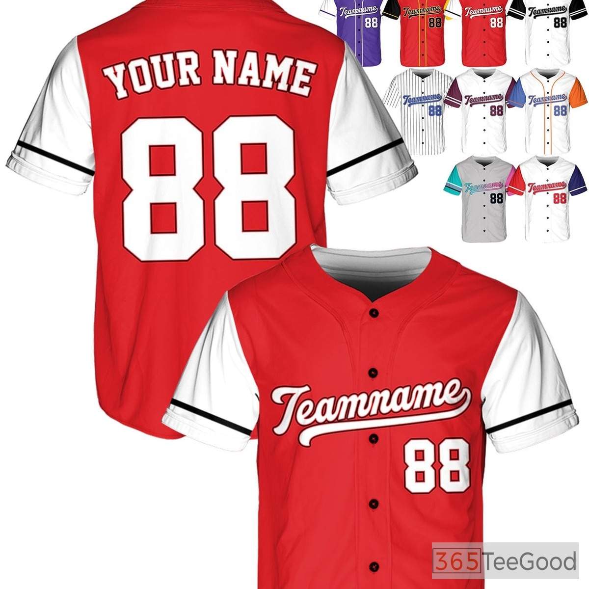 White, Black & Red Baseball Jersey Tee - Custom Name, Number, and Logo Options