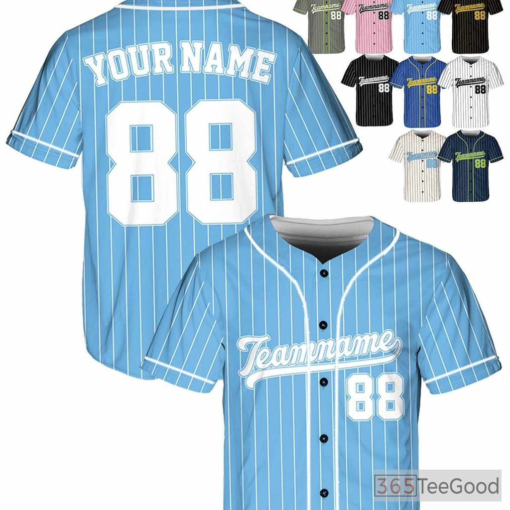 White Blue Baseball Jersey with Individual Name, Number, and Logo Placement