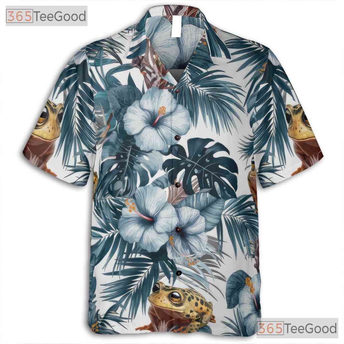 White Blue Tropical Frog Casual Style Hawaiian Tee Men Women Summer Beach Outfit