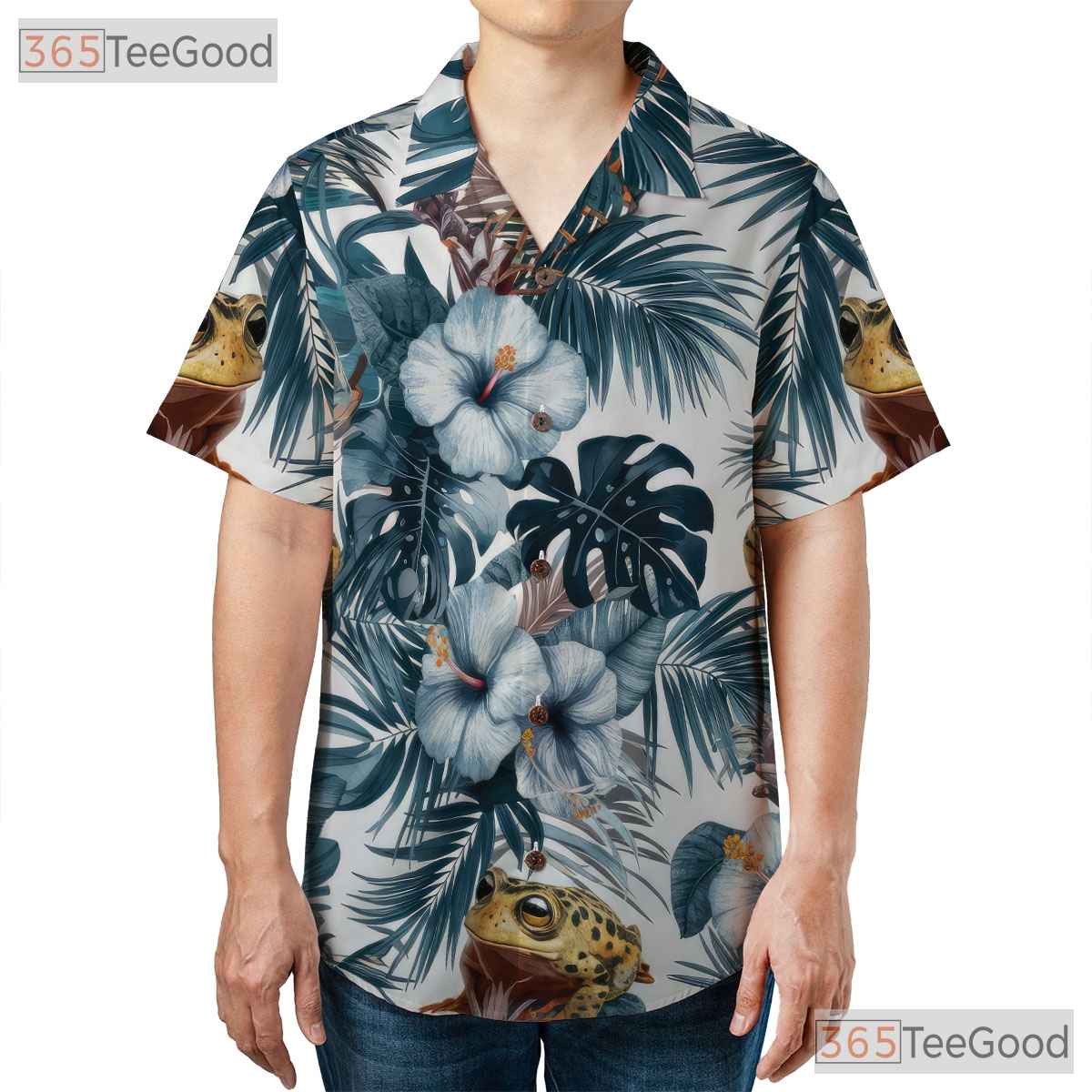 White Blue Tropical Frog Casual Style Hawaiian Tee Men Women Summer Beach Outfit