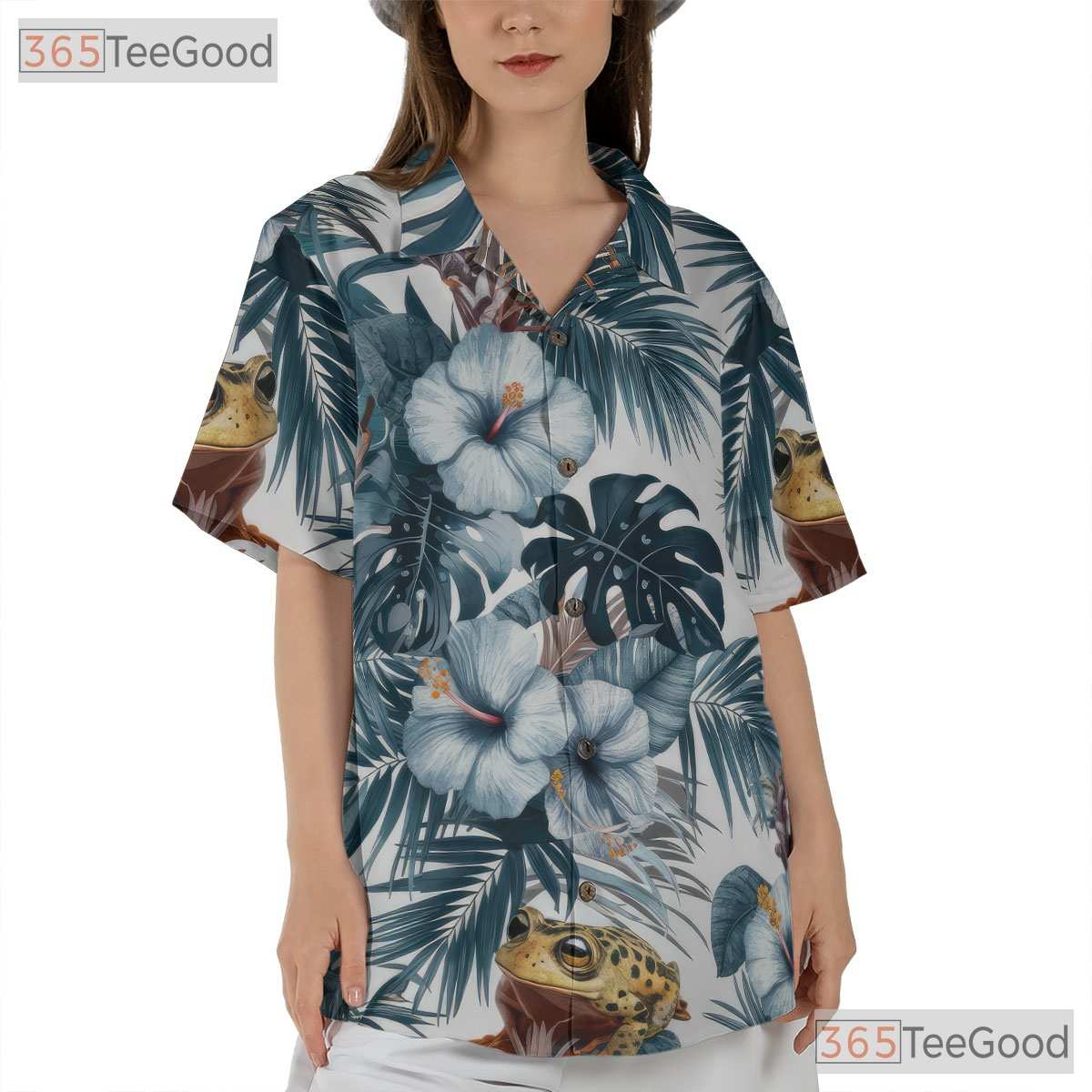 White Blue Tropical Frog Casual Style Hawaiian Tee Men Women Summer Beach Outfit