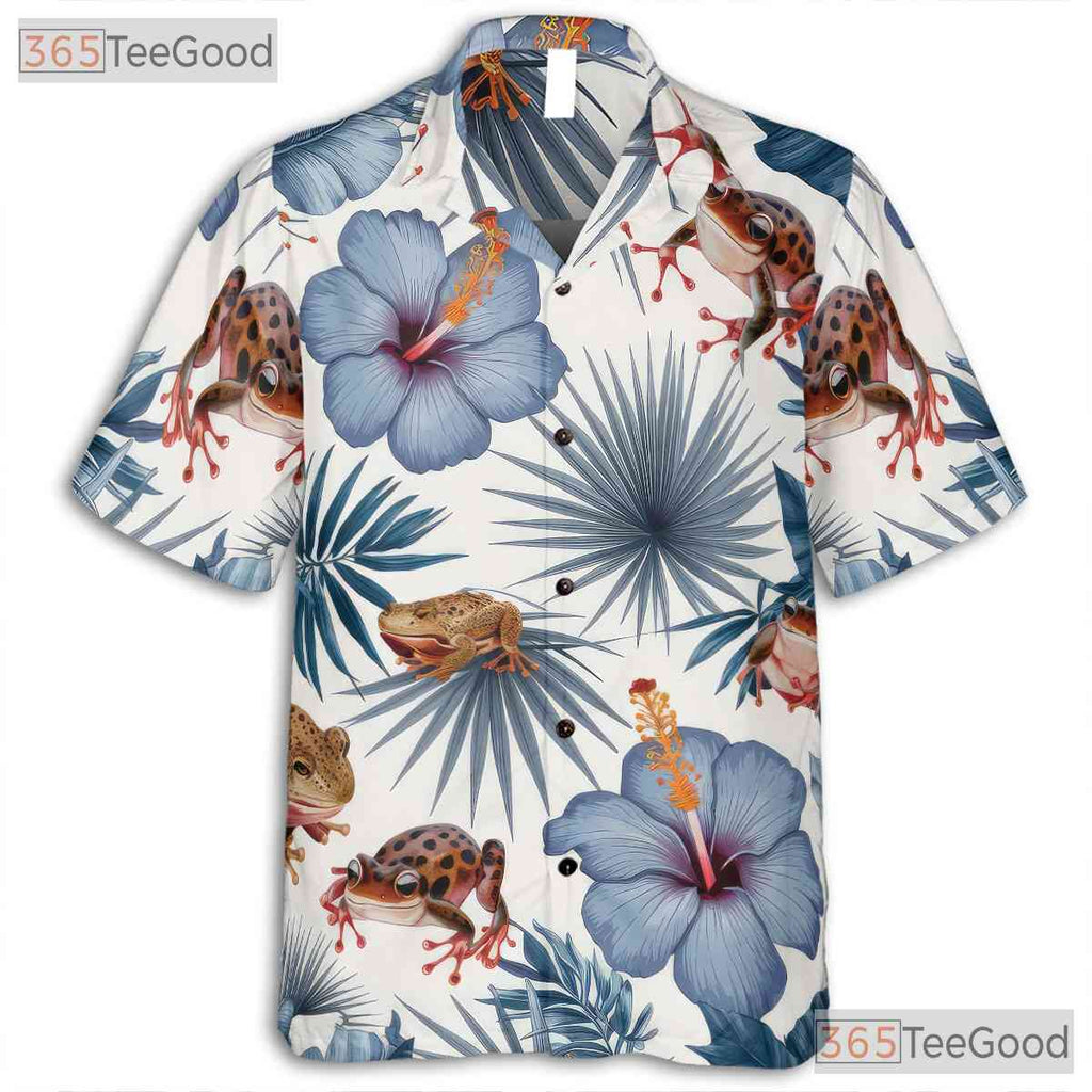 White Blue Tropical Frog Print Casual Aesthetic Hawaiian Shirt Unisex Summer Top