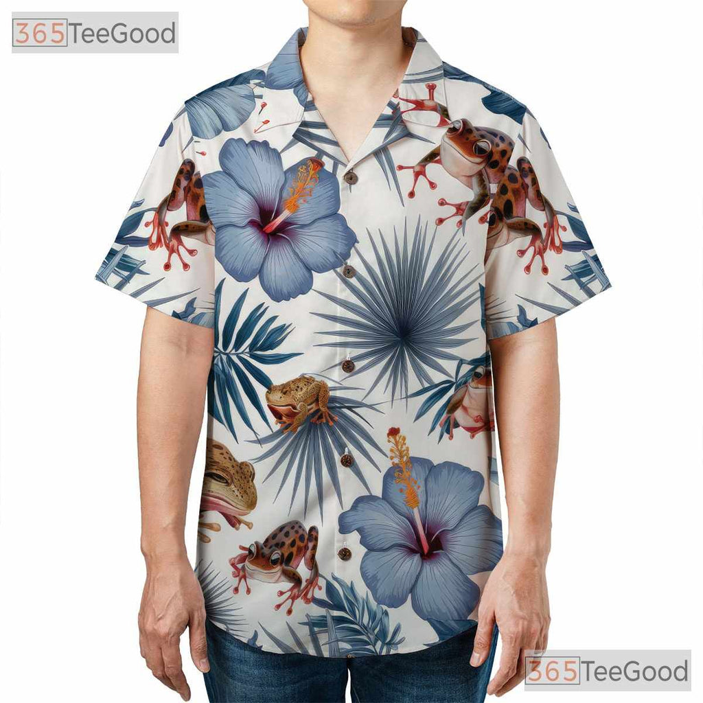 White Blue Tropical Frog Print Casual Aesthetic Hawaiian Shirt Unisex Summer Top
