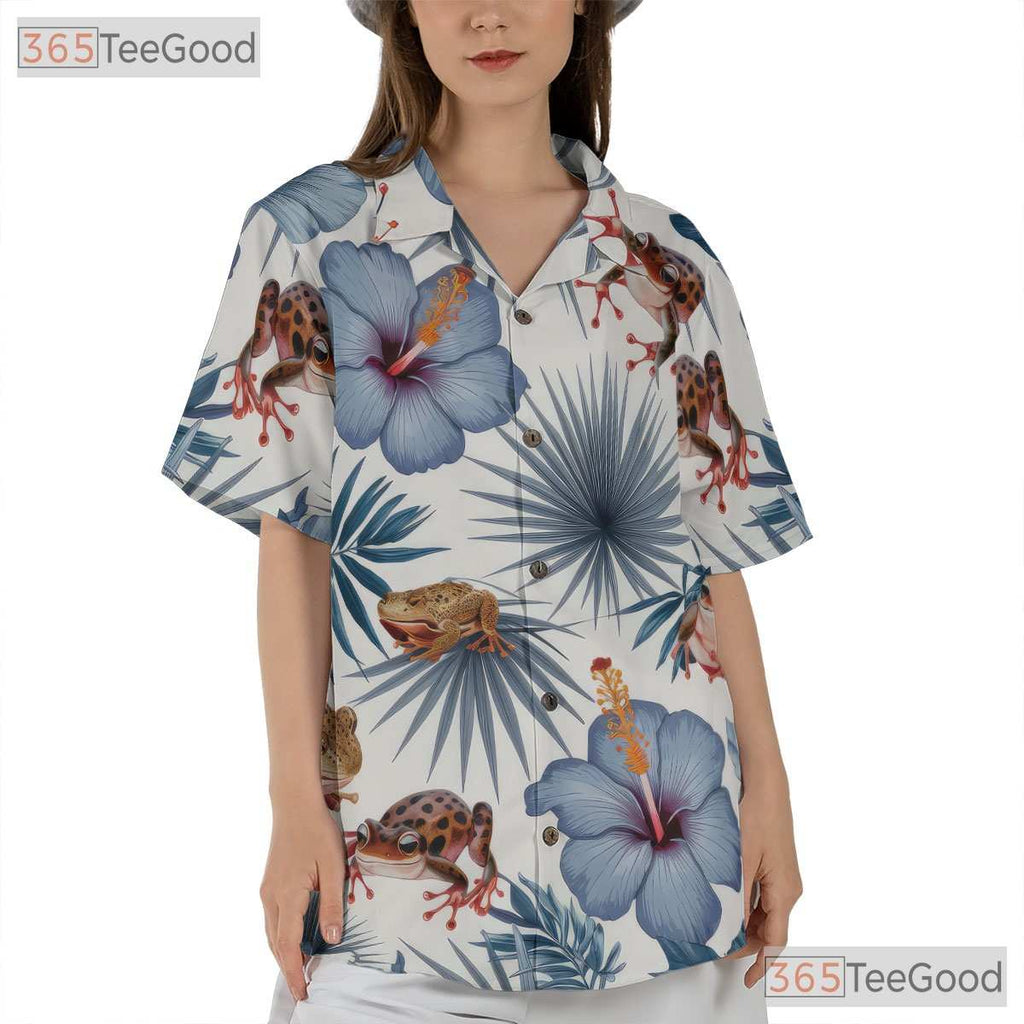 White Blue Tropical Frog Print Casual Aesthetic Hawaiian Shirt Unisex Summer Top