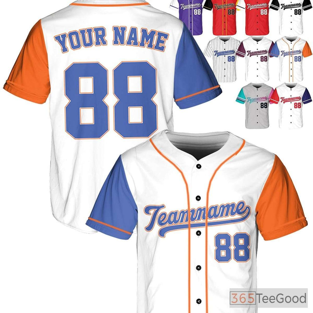 White, Blue & Orange Baseball Jersey Tee with Name and Number Options