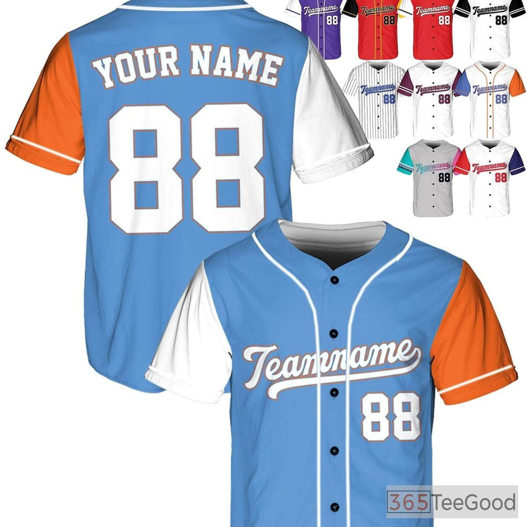 White, Blue & Orange Baseball Jersey Tee - Custom Name, Number, Logo Available