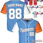 White, Blue & Orange Baseball Jersey Tee - Custom Name, Number, Logo Available