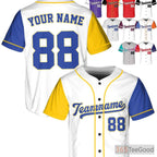 White, Blue & Yellow Baseball Jersey Tee - Personalized Name, Number, and Logo
