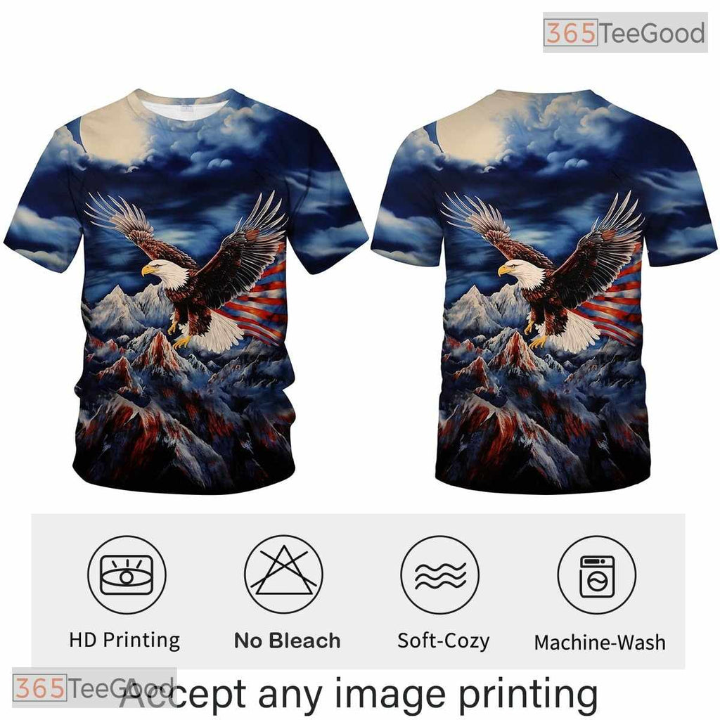 White USA Bald Eagle American Flag Art 3D Graphic Printed Casual Unisex Tee Shirt