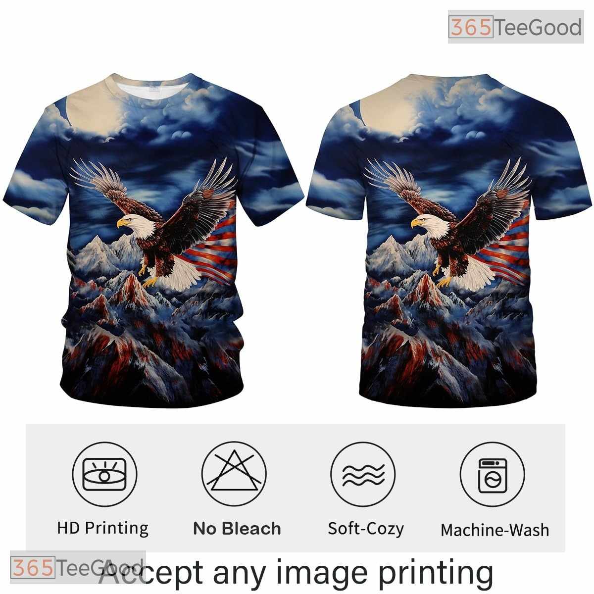 White USA Bald Eagle American Flag Art 3D Graphic Printed Casual Unisex Tee Shirt