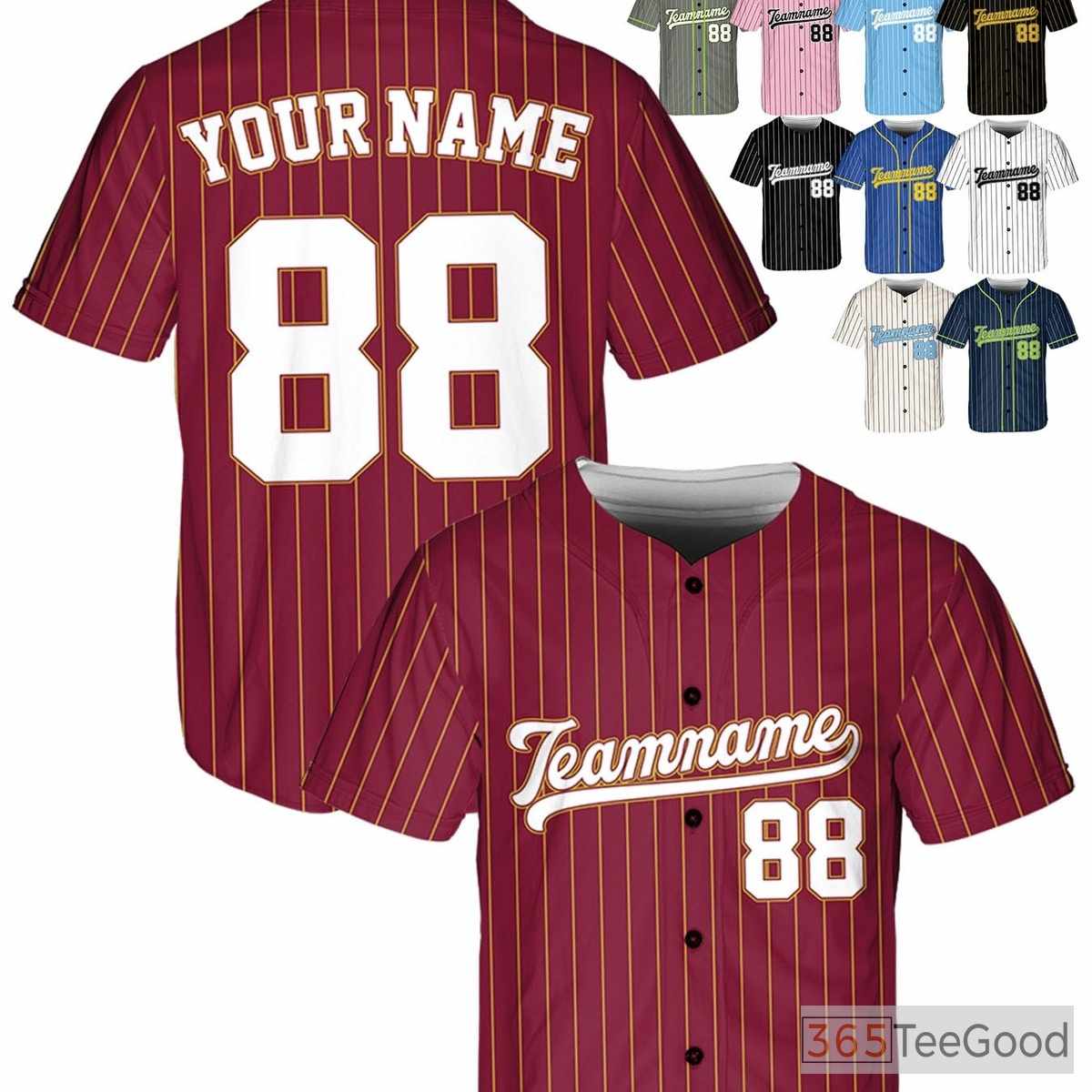 White, Gold & Burgundy Baseball Jersey Tee - Personalized Stitched Name, Number & Logo