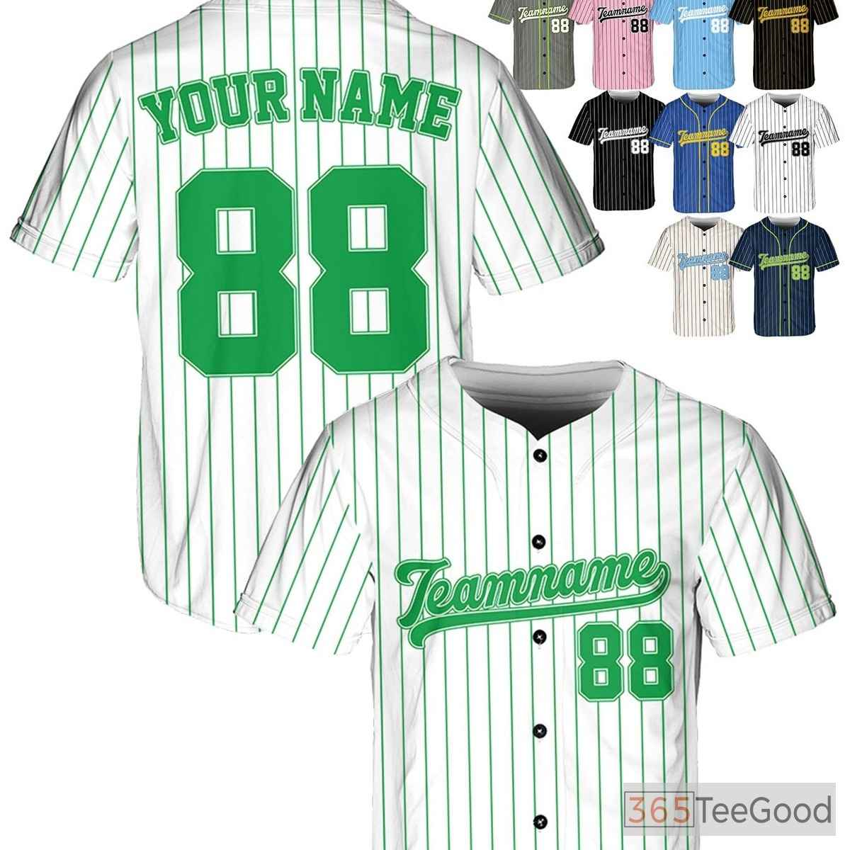 White Green Baseball Jersey Tee for Men & Women with Your Custom Name, Number, Logo