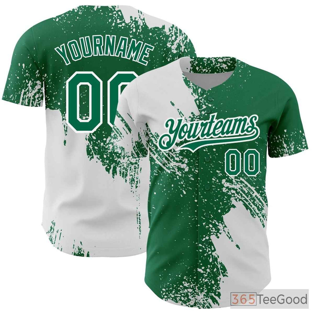 White Green Custom Full Button Baseball Jersey Tee - Personalized Stitched Name & Number