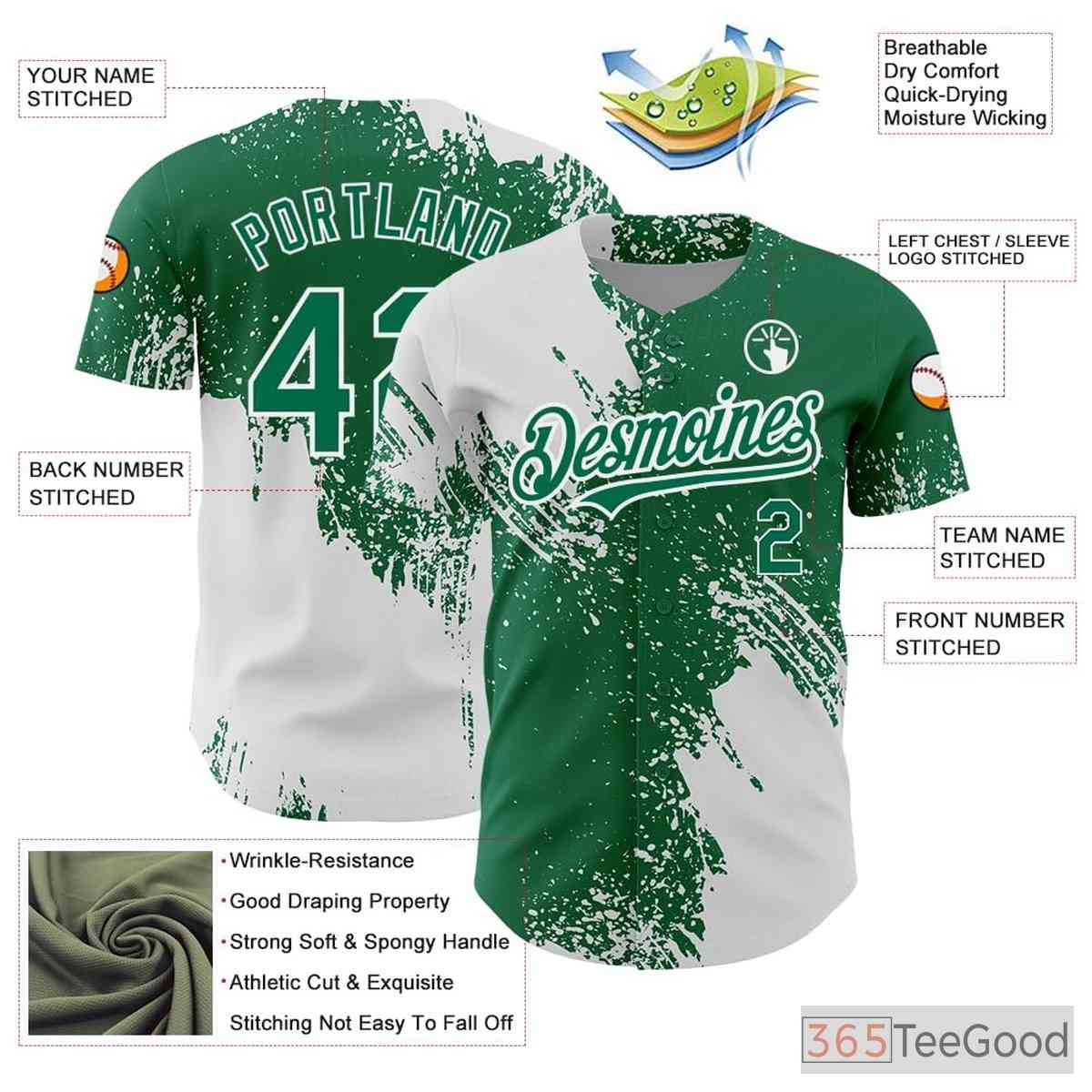 White Green Custom Full Button Baseball Jersey Tee - Personalized Stitched Name & Number