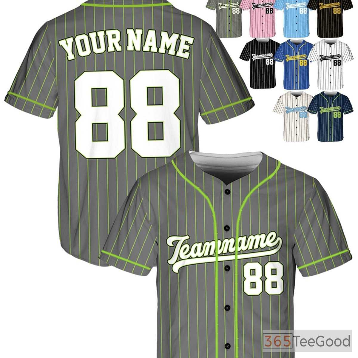 White, Green & Grey Baseball Jersey Tee with Custom Name, Number & Logo