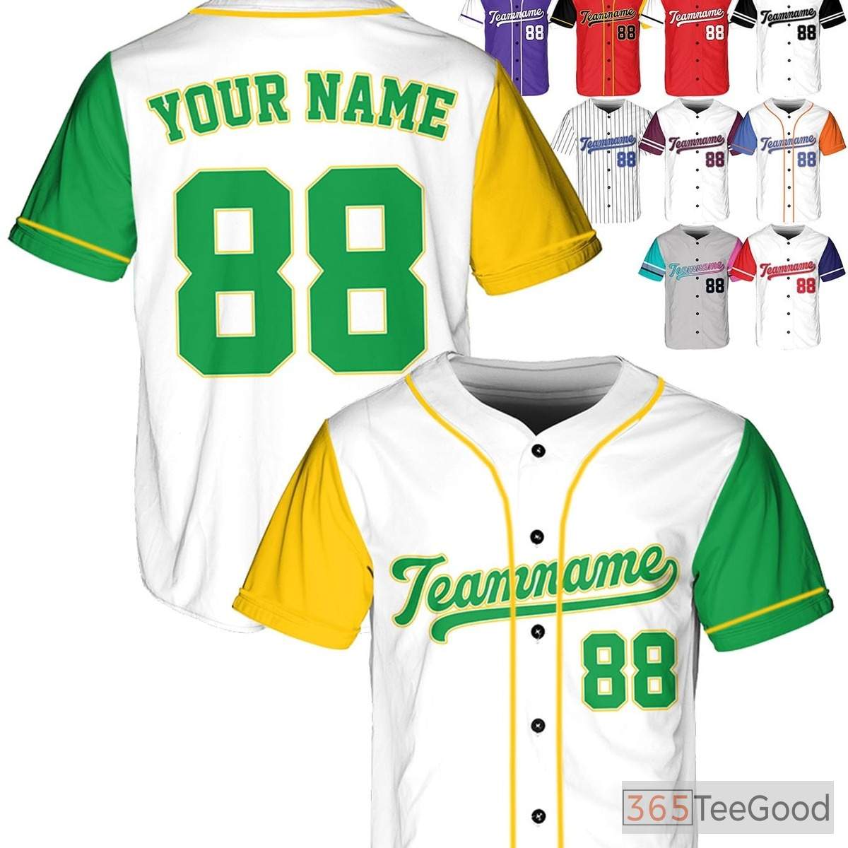 White, Green & Yellow Baseball Jersey Tee - Custom Name, Number & Logo Stitched