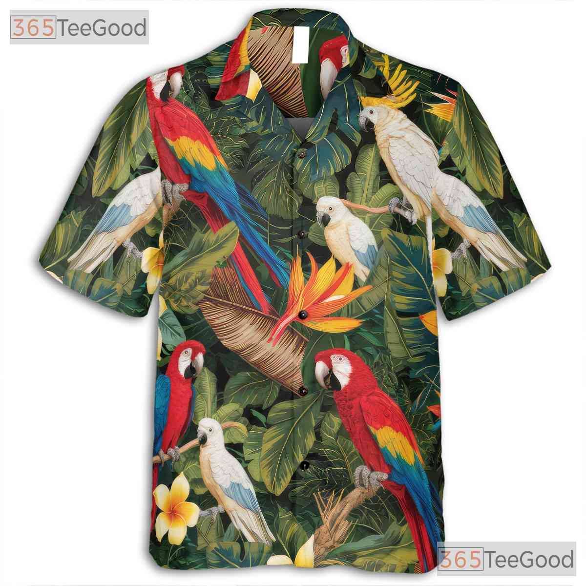 White Jungle Tropical Parrot Aloha Hawaiian Tee Unisex Beach Outfit Summer Top