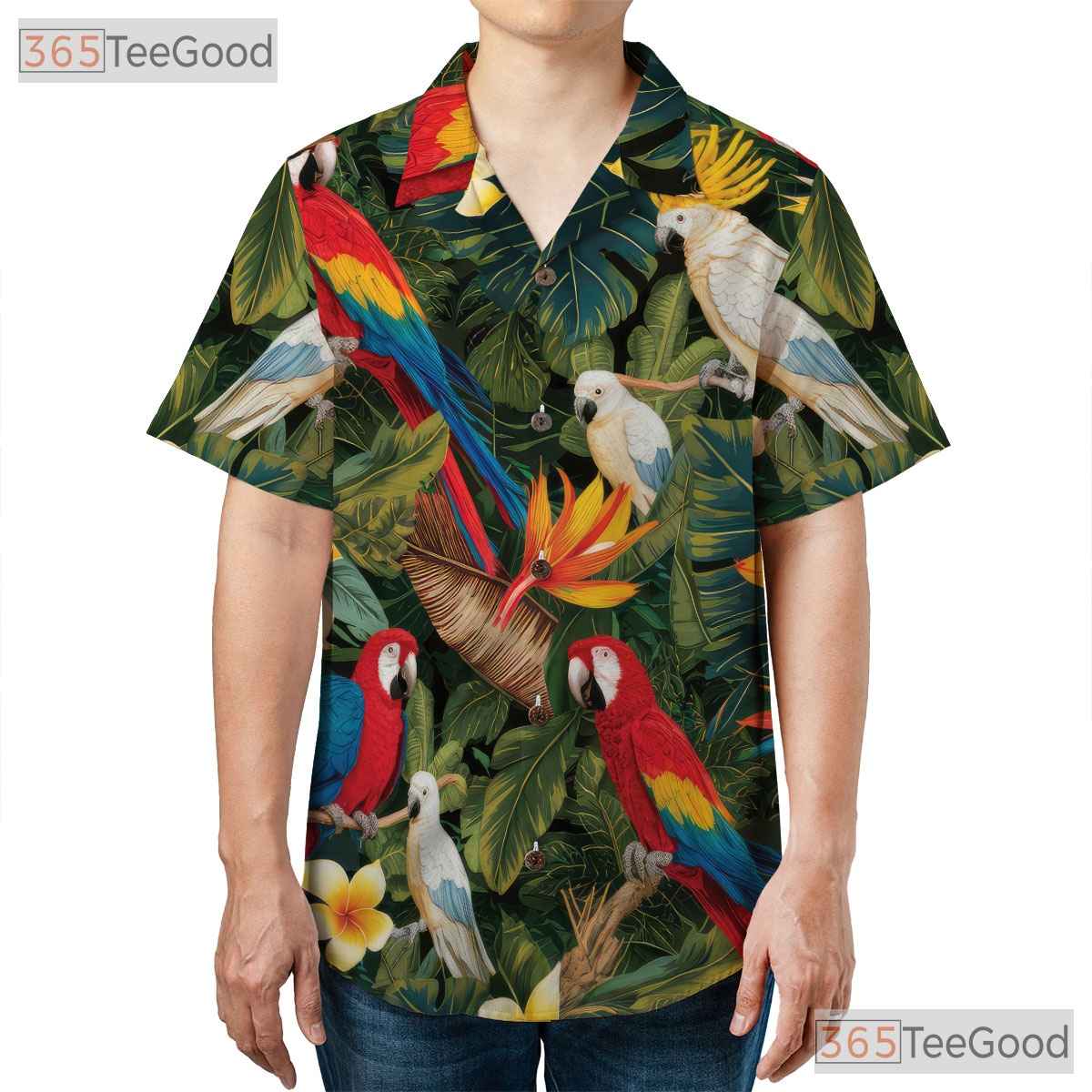 White Jungle Tropical Parrot Aloha Hawaiian Tee Unisex Beach Outfit Summer Top