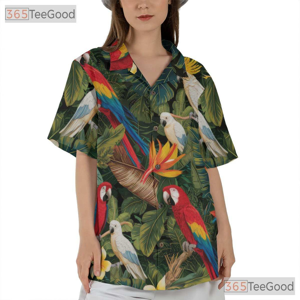 White Jungle Tropical Parrot Aloha Hawaiian Tee Unisex Beach Outfit Summer Top