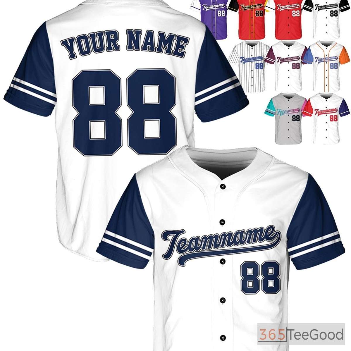 White Navy Baseball Jersey Tee - Personalize with Your Custom Stitched Name, Number & Logo