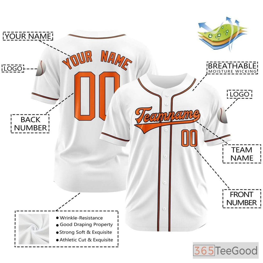 White Orange Baseball Jersey Tee for Men & Women - Create Your Custom Name, Number & Logo