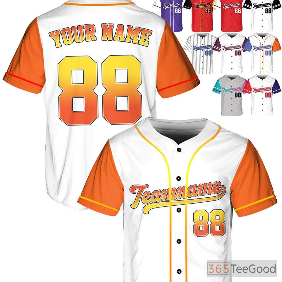 White, Orange & Gold Baseball Jersey Tee - Personalized with Stitched Name & Number