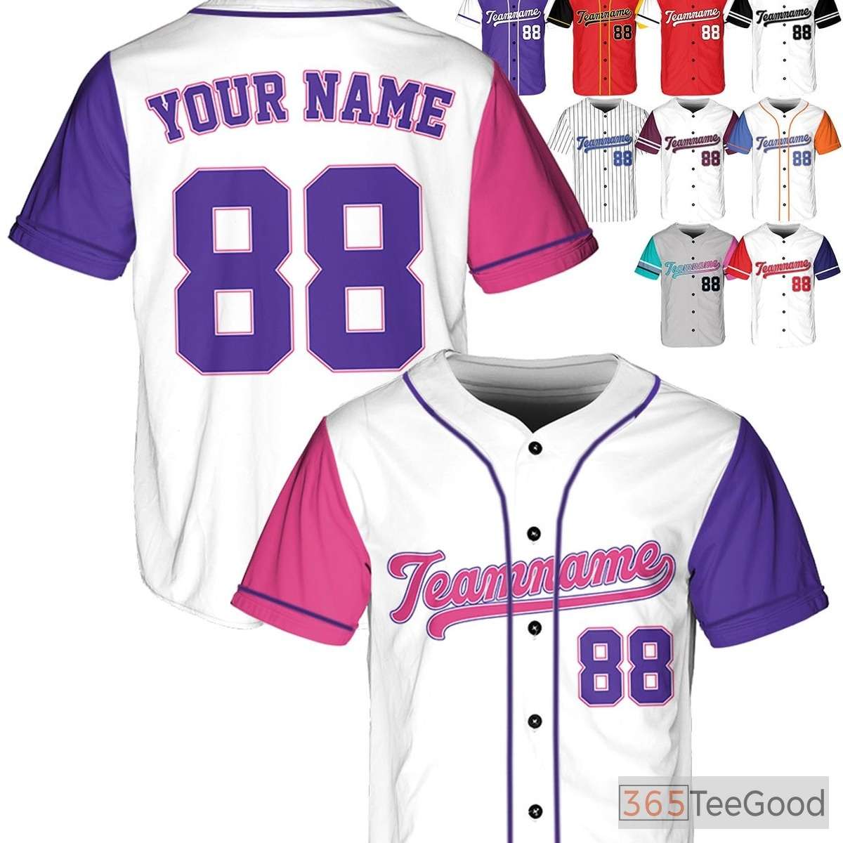 White, Purple & Pink Baseball Jersey Tee - Personalize with Your Name, Number, or Logo