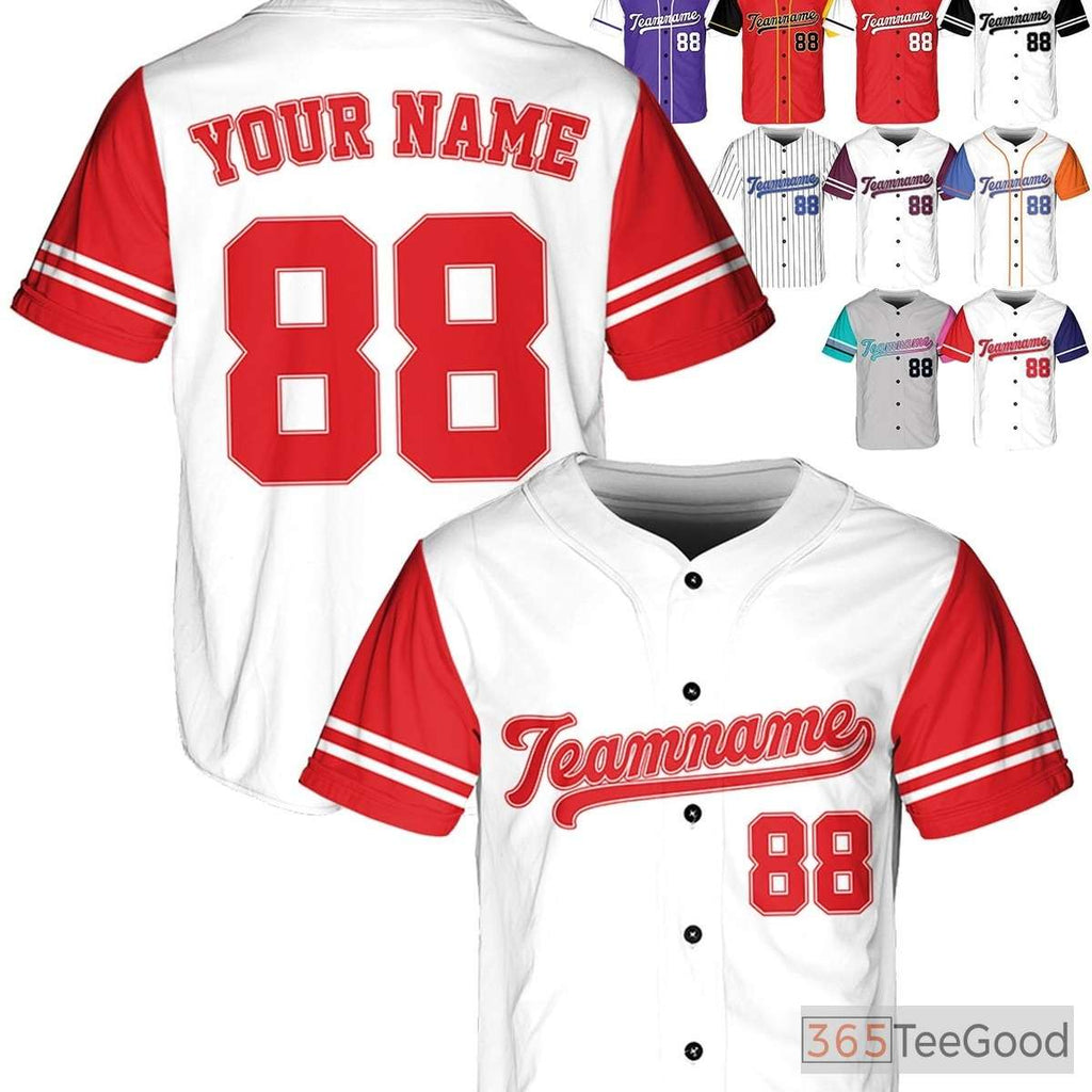 White Red Baseball Jersey Tee - Customization with Your Name & Number Details