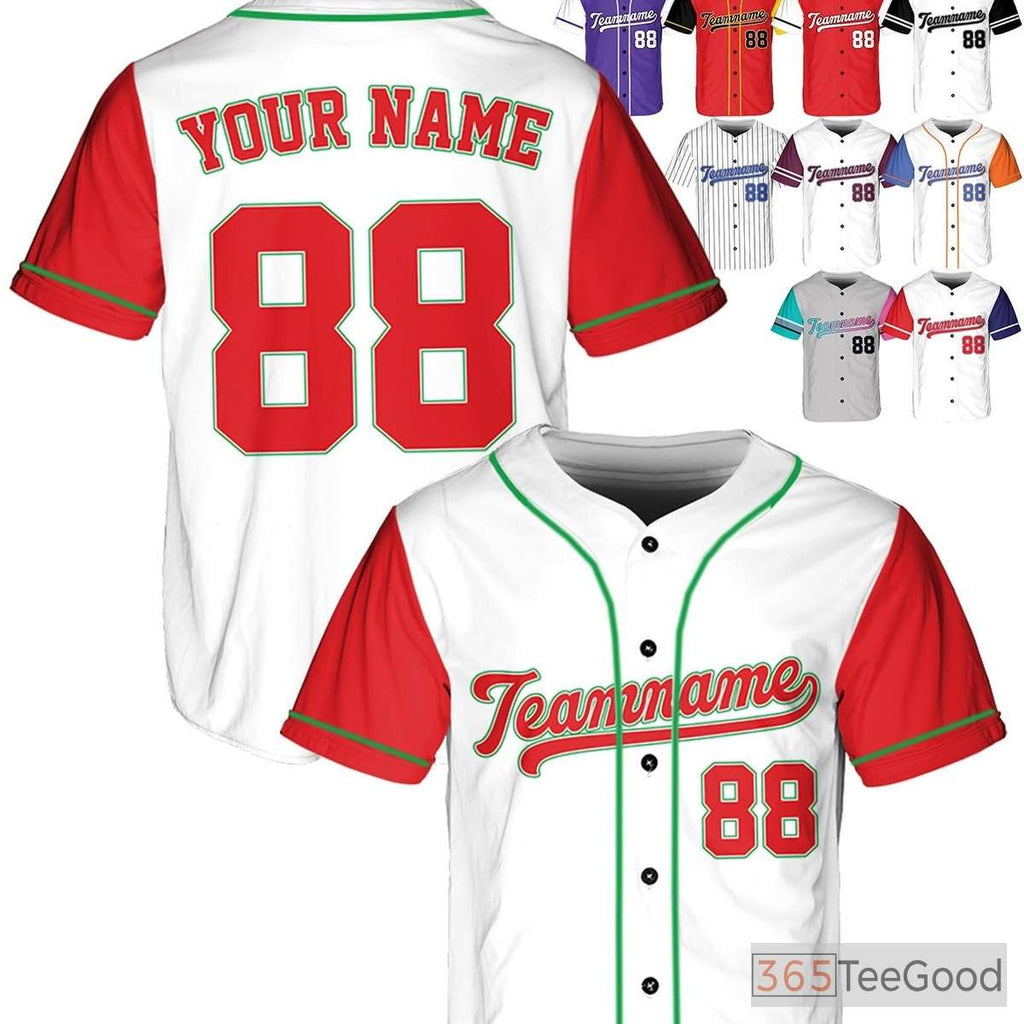 White, Red & Green Baseball Jersey - Personalized with Your Name, Number, and Logo