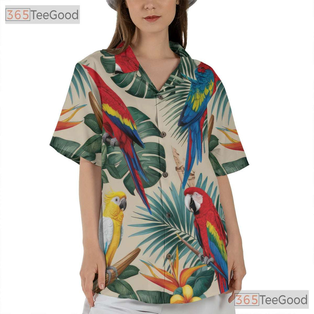 White Tropical Jungle Parrot Aloha Hawaiian Shirt Men Women Summer Beach Outfit