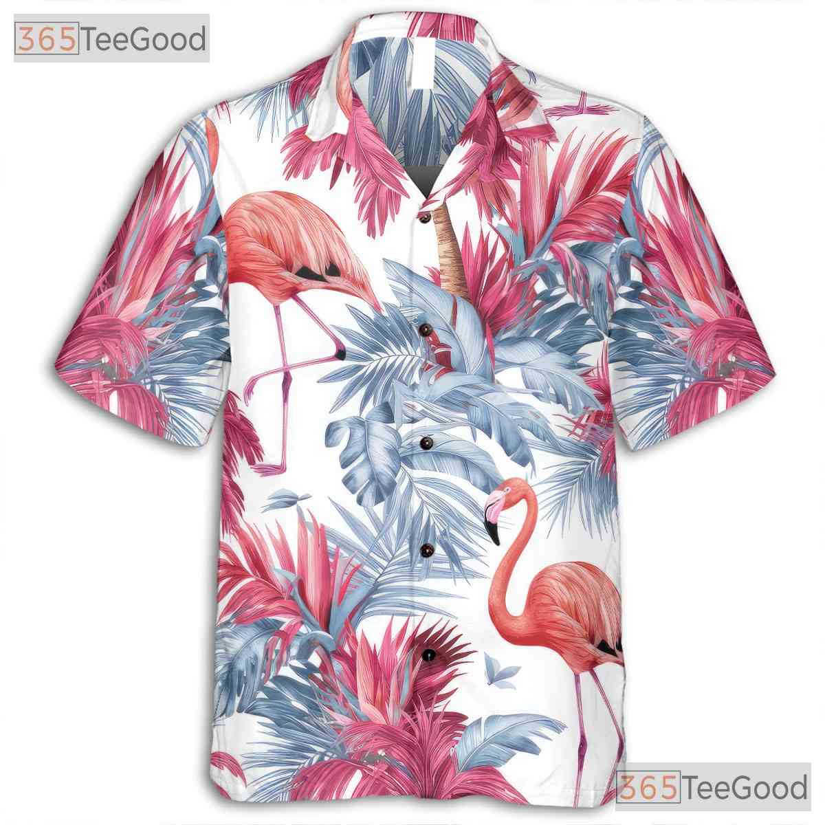 White Tropical Summer Flamingo Palm Tree Hawaiian Tee Men Women Aloha Top