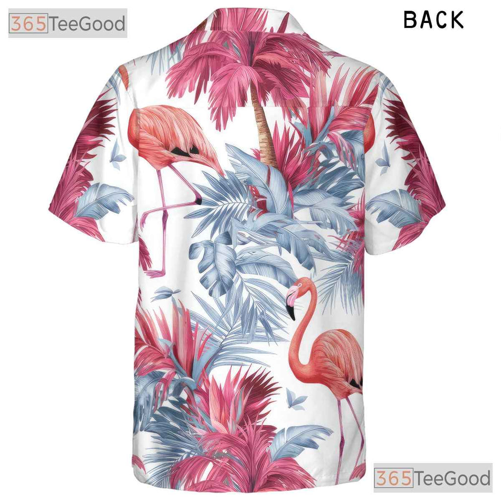 White Tropical Summer Flamingo Palm Tree Hawaiian Tee Men Women Aloha Top