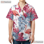 White Tropical Summer Flamingo Palm Tree Hawaiian Tee Men Women Aloha Top