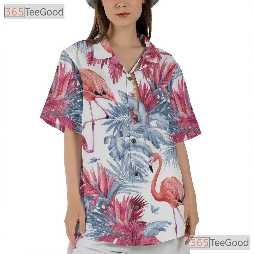 White Tropical Summer Flamingo Palm Tree Hawaiian Tee Men Women Aloha Top