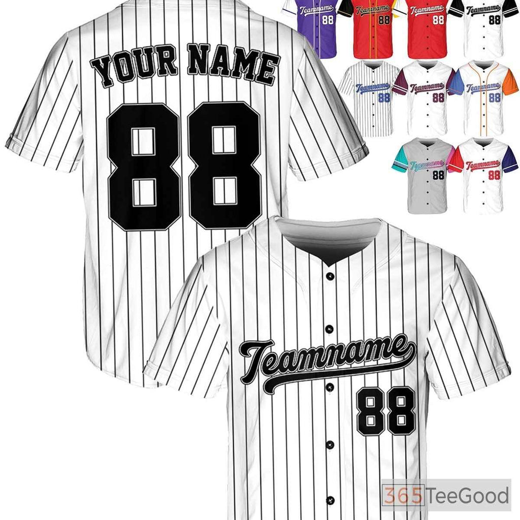 White & Black Baseball Jersey Tee - Custom Stitched Name, Number & Logo