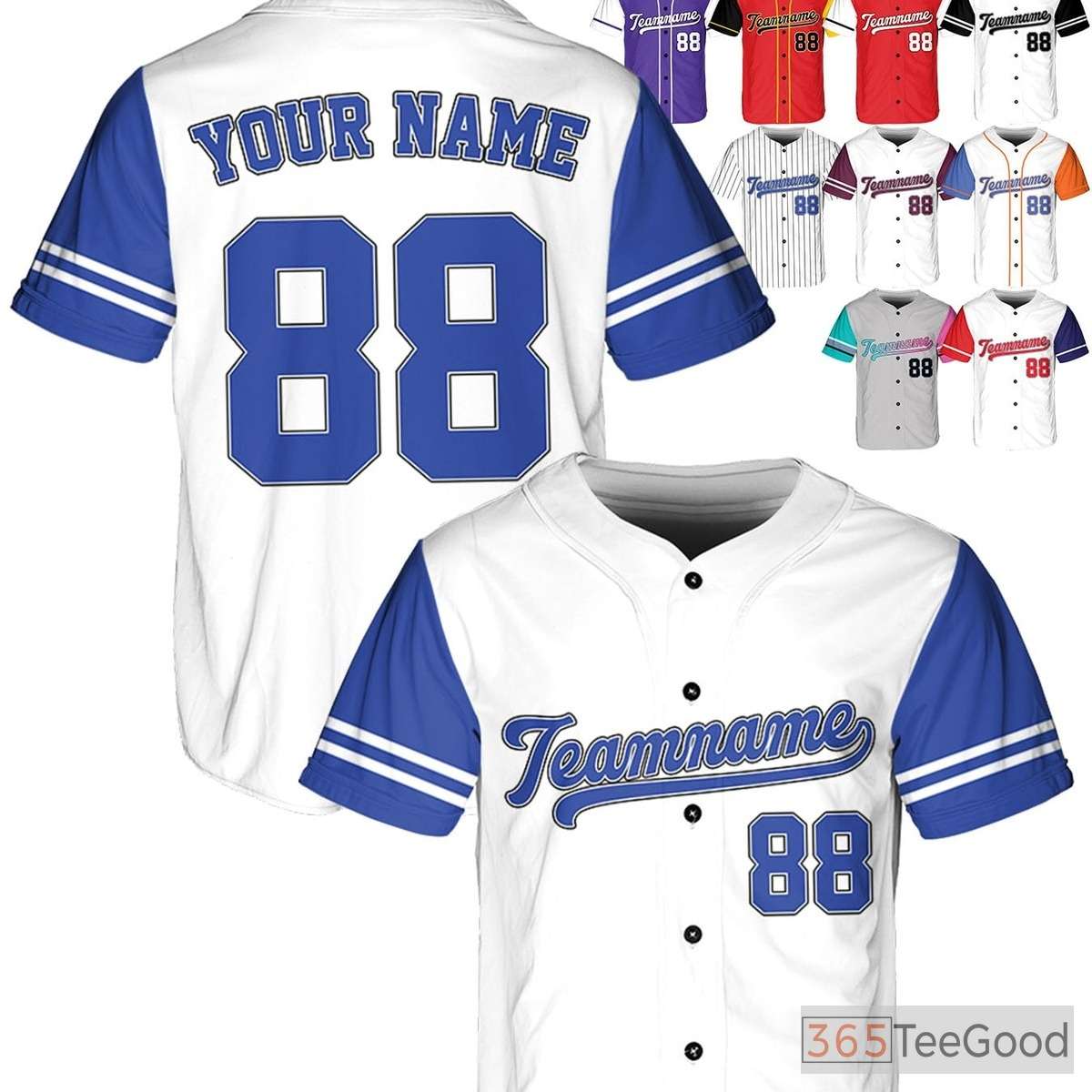 White & Blue Baseball Jersey Tee with Individual Name, Number, and Logo Customization