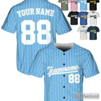 White & Blue Baseball Jersey Tee - Personalized Name, Number, and Logo Details