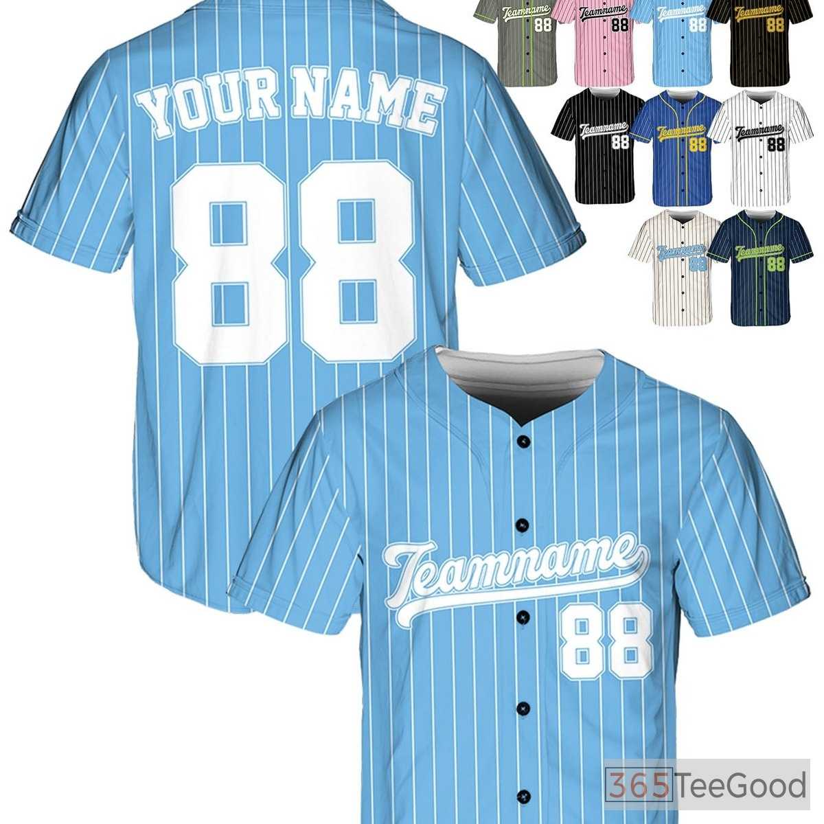 White & Blue Baseball Jersey Tee - Personalized Name, Number, and Logo Details